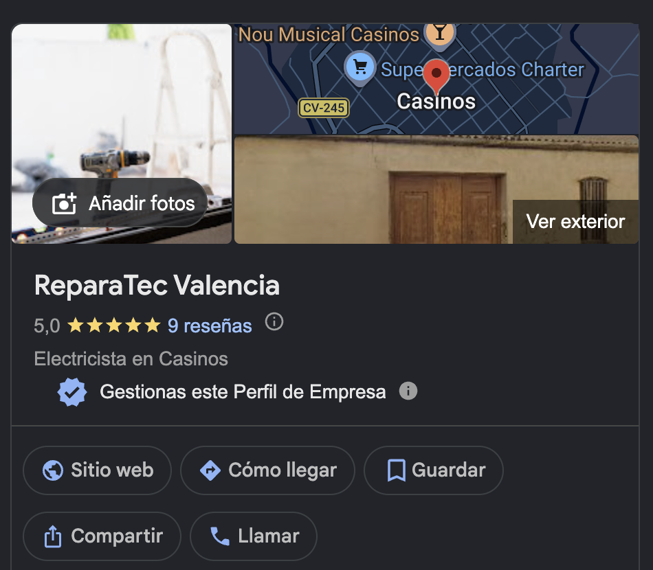 Google my business para Reparatec Valencia